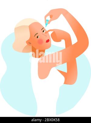 Dry eye syndrome. Eye remedy in drops.  Stock Vector