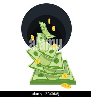 Black Hole Money. Waste of money. Banknotes fly away. Stock Vector
