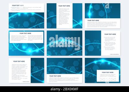 Big set of vector templates for presentation slides. Modern graphic background structure molecule and communication. Scientific pattern atom DNA Stock Vector