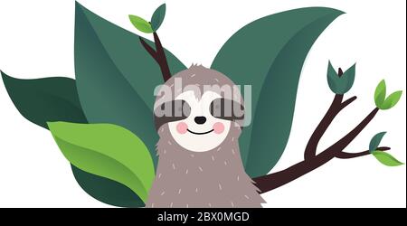 Cute lazy baby sloth among tropical trees Stock Vector
