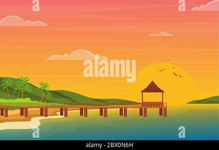 Vacation in Tropical Beach Sea Palm Tree Summer Landscape Illustration Stock Vector