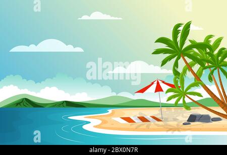 Vacation in Tropical Beach Sea Palm Tree Summer Landscape Illustration Stock Vector