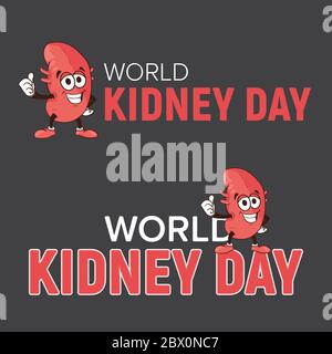 World kidney day vector cartoon human body health organ smiling mascot character illustration isolated on dark background Perfect to use for medical a Stock Vector