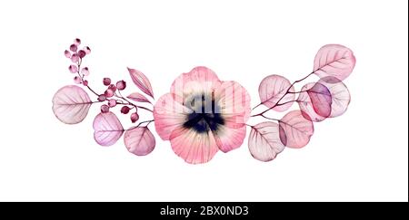 Watercolor floral arrangement. Horizontal design element. Abstract poppy flower with branches and berries on white. Botanical illustration for cards Stock Photo