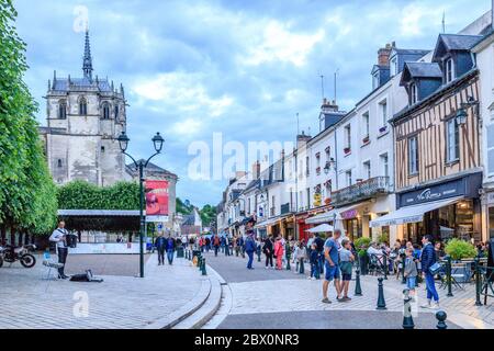 France, Indre et Loire, Loire Valley listed as World Heritage by UNESCO, Amboise, animated street in the city and Saint Hubert chapel where Leonardo d Stock Photo