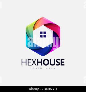 Colorful Hexagonal House Shape Logo Design Stock Vector