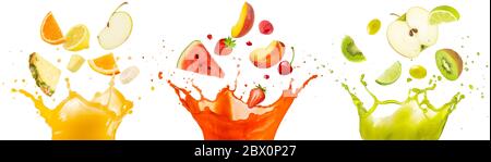 mixed fruit falling into juices splashing on white background Stock Photo