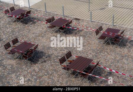 Gastronomy during the Corona crisis, locked tables in beer garden, Essen, Ruhr area, NRW, Germany Stock Photo