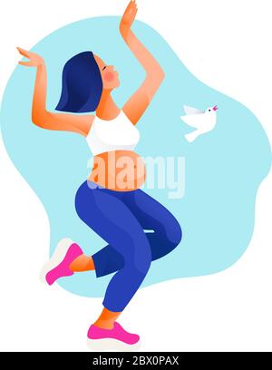 Happy young pregnant woman dancing.  Stock Vector