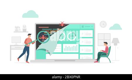 qa quality assurance check data program bugs with modern flat style and minimalist green color theme vector Stock Photo