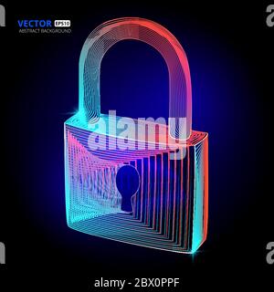 Vector locked padlock cyber security protect with keyhole in abstract 3d geometry lines style and gradient waves texture shapes or wireframe technolog Stock Vector