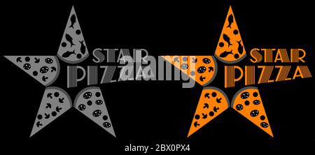 black minimal logo of various types of pizza in the shape of a star Stock Vector