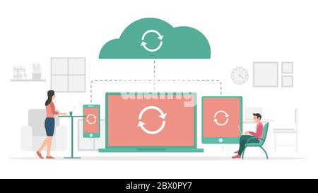 sync process in progress on cloud storage data with modern flat style and minimalist green color theme vector Stock Photo