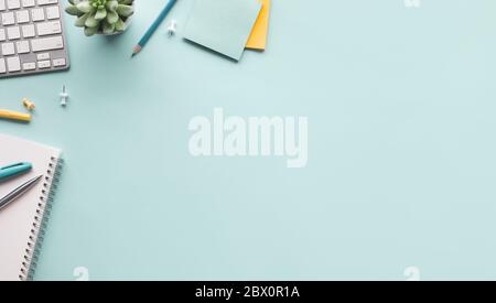 Top view of worktable with accessories.Business flat lay background.copy space Stock Photo
