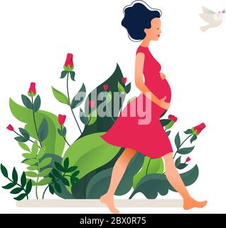 Happy young pregnant woman walking Stock Vector