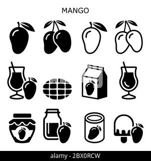 Mango fruit red vector icon set - healthy food and drink design, mango lassi, jam, juice and ice-cream Stock Vector