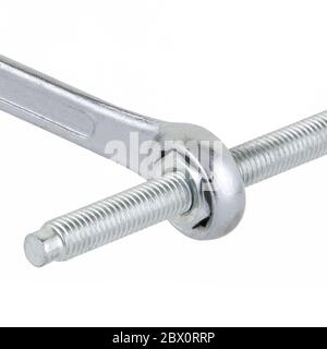 Ring spanner box end wrench with nut and bolt Stock Photo