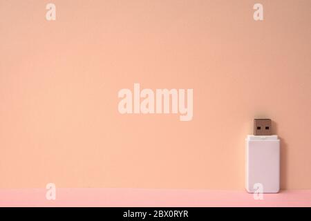 Pink color background and white USB memory storage. Stock Photo