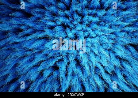 3D Render of shaggy carpet with wool material for backgrounds texture, close up of soft attractive blue and fluffy Stock Photo