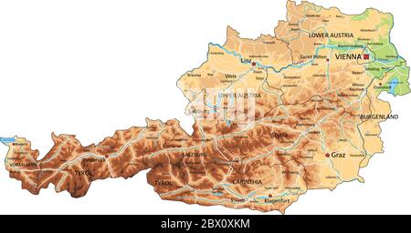 High detailed Austria physical map with labeling. Stock Vector