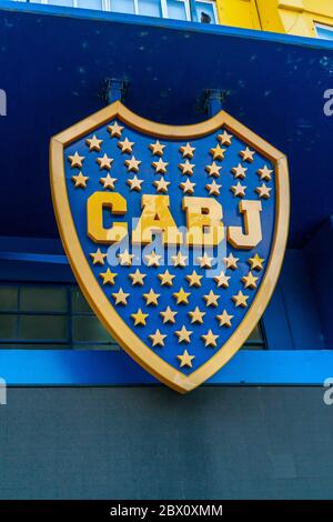 Sign at the outside of the famous Boca Juniors soccer stadium,  La Boca, Buenos Aires, Argentina - January 22th 2019 Stock Photo