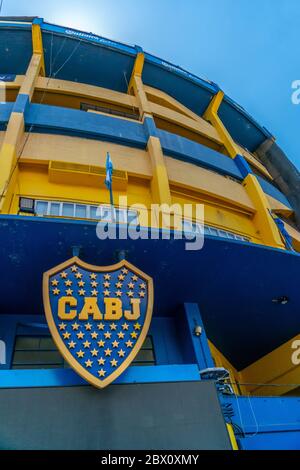 Sign at the outside of the famous Boca Juniors soccer stadium,  La Boca, Buenos Aires, Argentina - January 22th 2019 Stock Photo