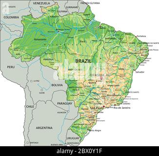 High detailed Brazil physical map with labeling. Stock Vector