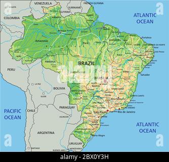 High detailed Brazil physical map with labeling. Stock Vector