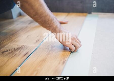 The builder is engaged in laying laminate in the room - repair and finishing work Stock Photo