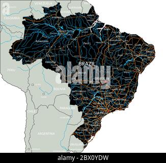 High detailed Brazil road map with labeling. Stock Vector