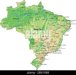 High detailed Brazil physical map with labeling. Stock Vector