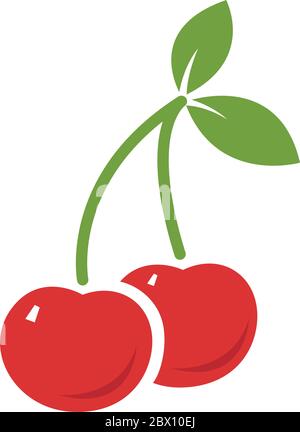 Two cherries with leaves flat icon isolated on white vector illustration Stock Vector