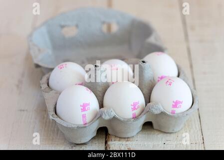 Six white shelled British Lion Standard eggs in a cardboard egg carton. Stock Photo