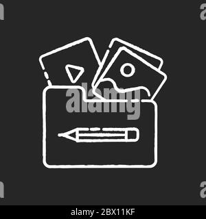 Portfolio chalk white icon on black background. Images and photos in folder. Multimedia gallery. Project management. Visual document for presentation. Stock Vector