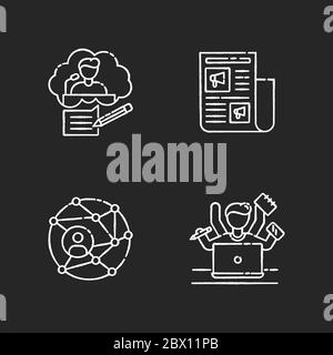 Publication chalk white icons set on black background. Speech writing. Promotion in newspaper. Global networking. Work efficiency and productivity. Is Stock Vector