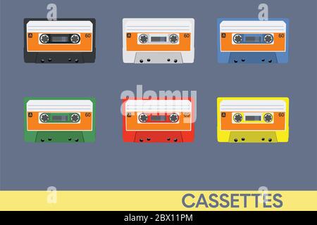 Vintage Cassettes or Music Tapes. Differente Colors. Vector Illustration Stock Vector