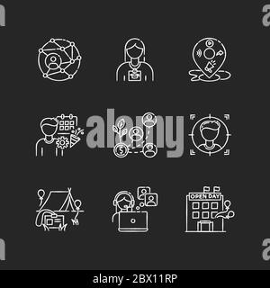 Networking chalk white icons set on black background. Global networking. Corporate communication. Intern in company training. Successful investment. I Stock Vector