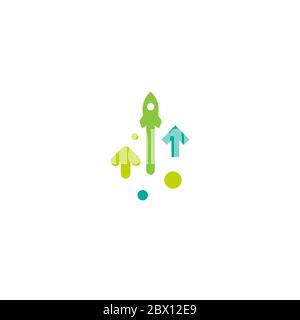 three green arrows up with dots on white background. Launch, upgraid icon. Creative project start, business advance, breakthrough sign. Fast growth sy Stock Vector