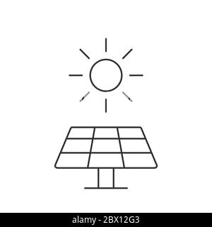 Solar panel thin line icon. Sun as alternative electrical energy resource. Renewable, sustainable, eco friendly energy source. Black outline on white Stock Vector