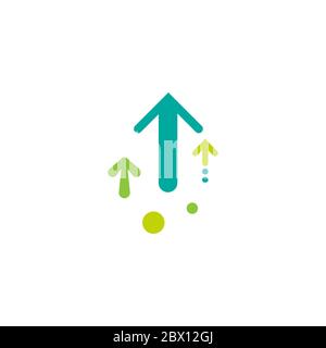 three green arrows up with dots on white background. Launch, upgraid icon. Creative project start, business advance, breakthrough sign. Fast growth sy Stock Vector