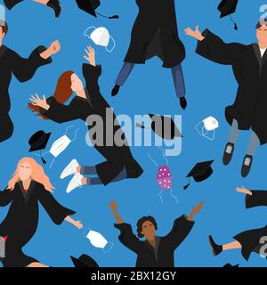 Seamless pattern with young graduate students in graduation clothing jumping and throwing the mortarboard and mask high into the air. Flat vector Stock Vector