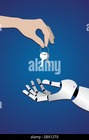 human hand gives the keys to the metallic arm Stock Vector