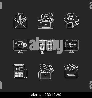 Blogging chalk white icons set on black background. Newsletter and brochure. Multi tasking employee. Speech writing for conference. Content management Stock Vector