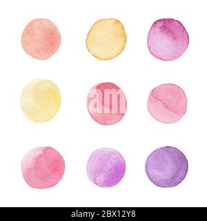 Set of colorful watercolor hand painted circle isolated on white. Watercolor illustration for art design. Round spots, drops Stock Photo