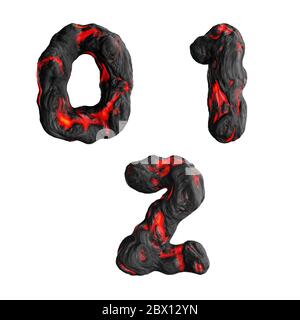 3D rendering of hot liquid lava digits on white - digits 0-2 Stock Photo