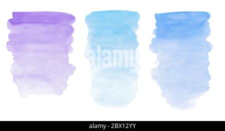 Watercolor decorative textured spots in pastel sky blue, lilac and purple colors. Trendy paint texture streak and paint brush strokes Stock Photo