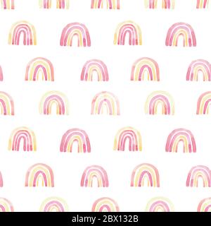 Watercolor hand painted cute rainbows. Seamless pattern. Illustration isolated on white background. Perfect for baby textile, print, kids room Stock Photo