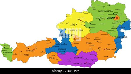Colorful Austria political map with clearly labeled, separated layers ...
