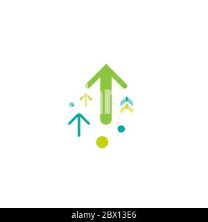 three green arrows up with dots on white background. Launch, upgraid icon. Creative project start, business advance, breakthrough sign. Fast growth sy Stock Vector