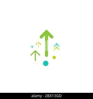 three green arrows up with dots on white background. Launch, upgraid icon. Creative project start, business advance, breakthrough sign. Fast growth sy Stock Vector